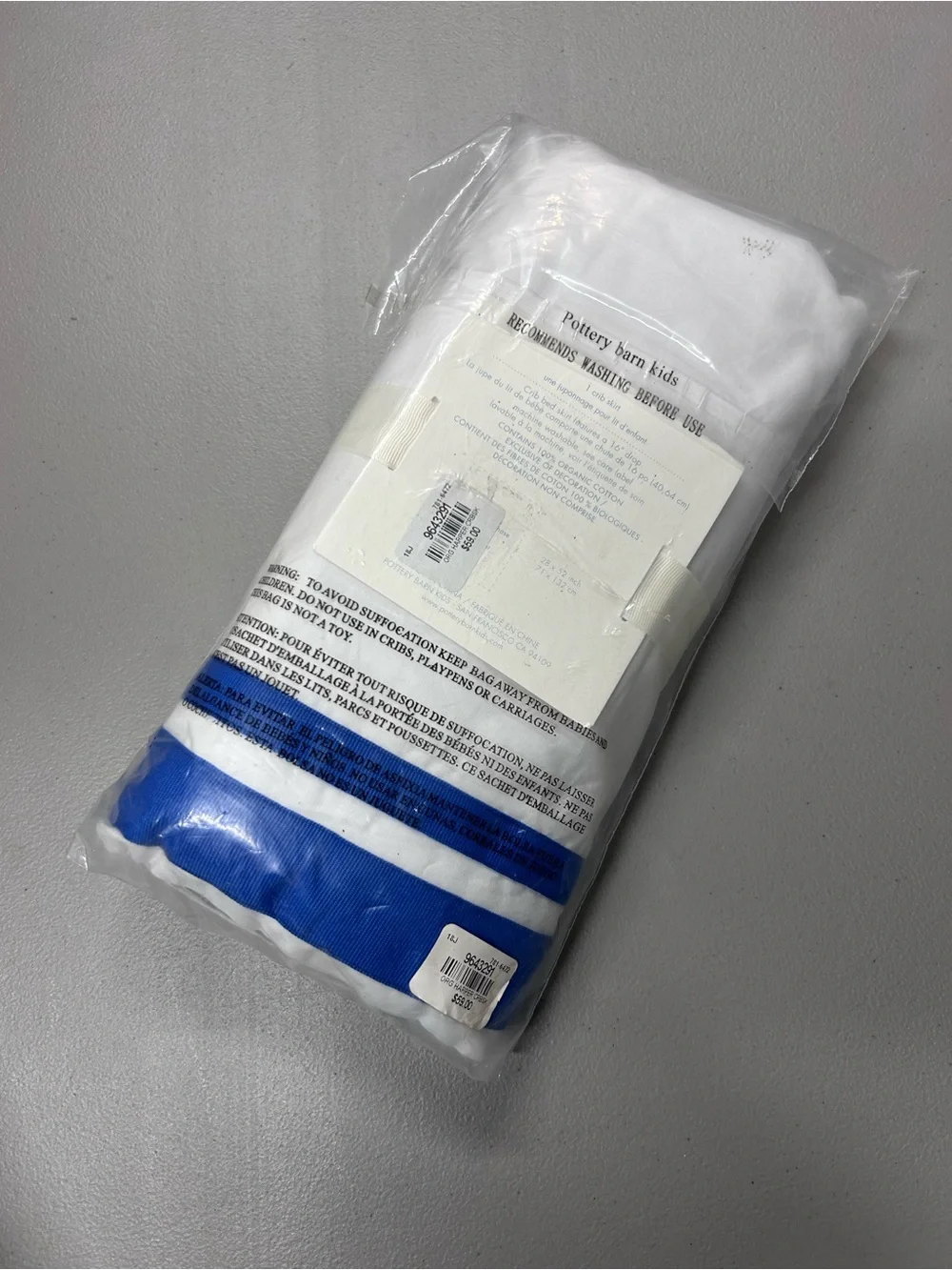 Pottery Barn Harper Baby Crib Skirt White w/ Blue Trim 100% Organic Cotton NWT